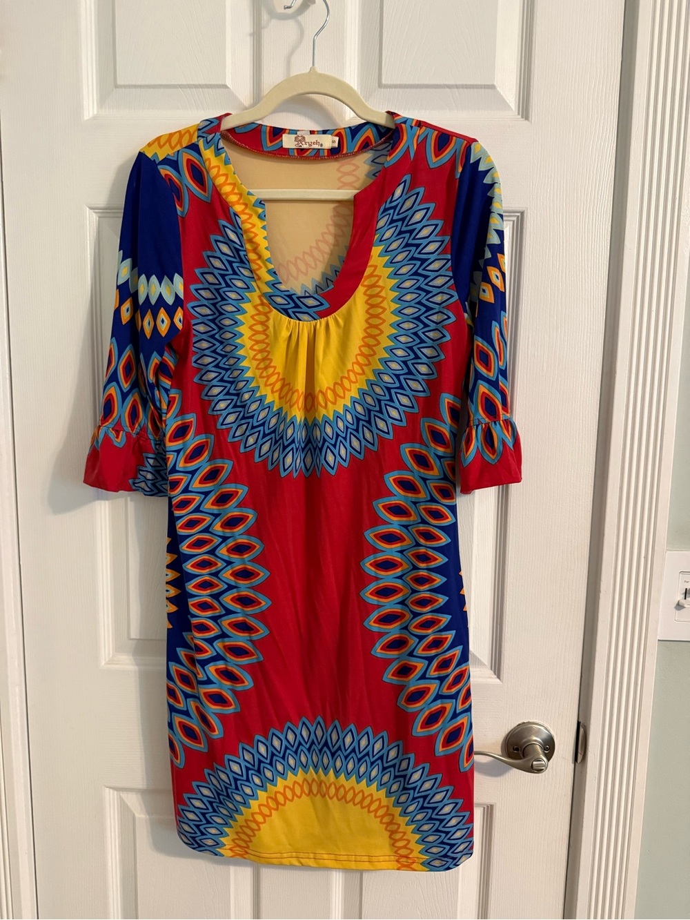 Vibrant Geometric Scoop Neck Dress - Red, Blue & Yellow
